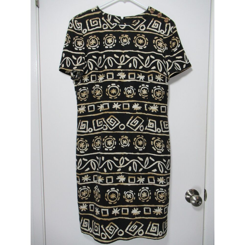 Vintage Maggy London Kenneth Nolan Short Sleeve Black Silk Dress Geo Print 10